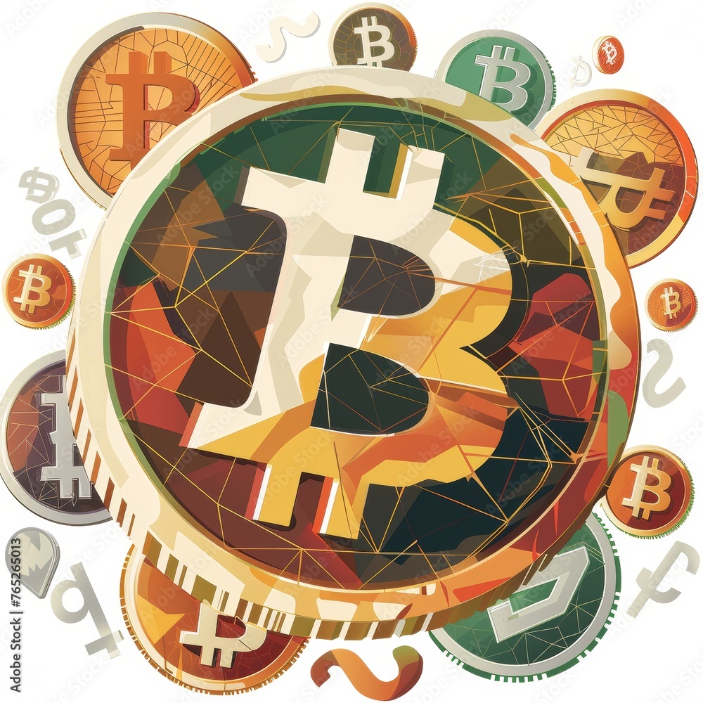 Poster artistic representation of a bitcoin symbol in a collage style surrounded by various currency symbol