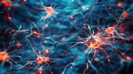 Human brain neurons firing with neural extensions, close-up scientific concept illustration