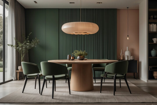 Stilvoll eingerichtetes Esszimmer mit skulpturalem Tisch und Designer-H&auml;ngeleuchte