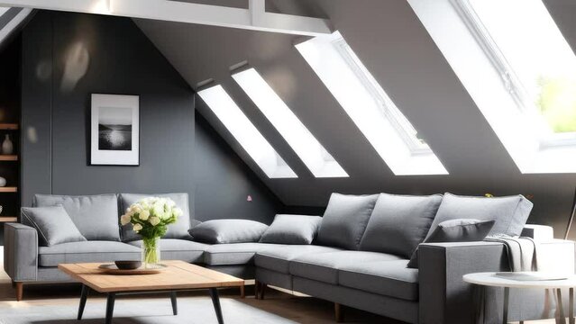 3D rendering. Gray loft living room interior with sofa.