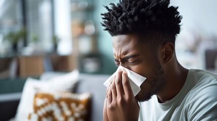 A man sick with a cold or allergies with a tissue held up to his nose.  - obrazy, fototapety, plakaty