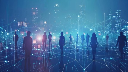 Silhouettes of people connected in a network, digital city background, business and technology concept