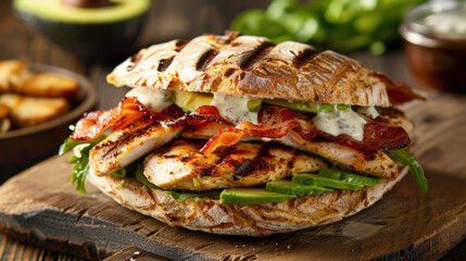 Grilled chicken avocado sandwich with crispy bacon and ranch dressing on ciabatta bread