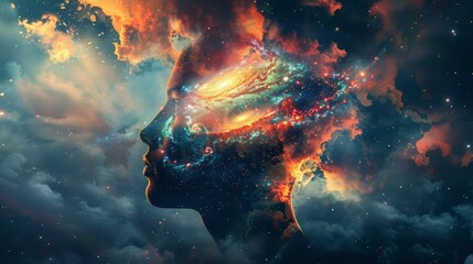 Surreal portrait of a person with a galaxy inside their head, mind-bending concept, digital painting - obrazy, fototapety, plakaty