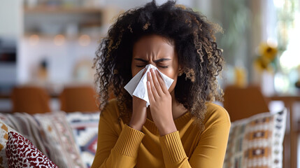 A woman sick with a cold or allergies with a tissue held up to her nose. 