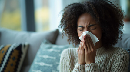 A woman sick with a cold or allergies with a tissue held up to her nose. 