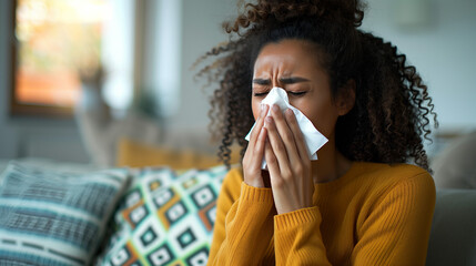A woman sick with a cold or allergies with a tissue held up to her nose.  - obrazy, fototapety, plakaty