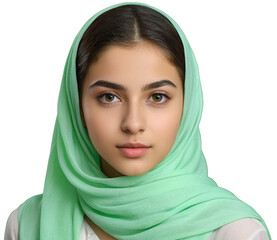 AI generated portrait of a young Iranian Muslim woman wearing light color scarf hijab.