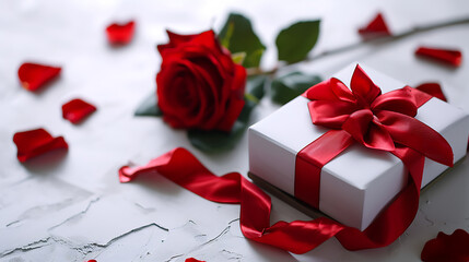 Sophisticated white gift box adorned with a red ribbon and red rose, creating a stunning presentation for a romantic gesture or celebration. Valentine's Gift, Red ribbon and Roses,


