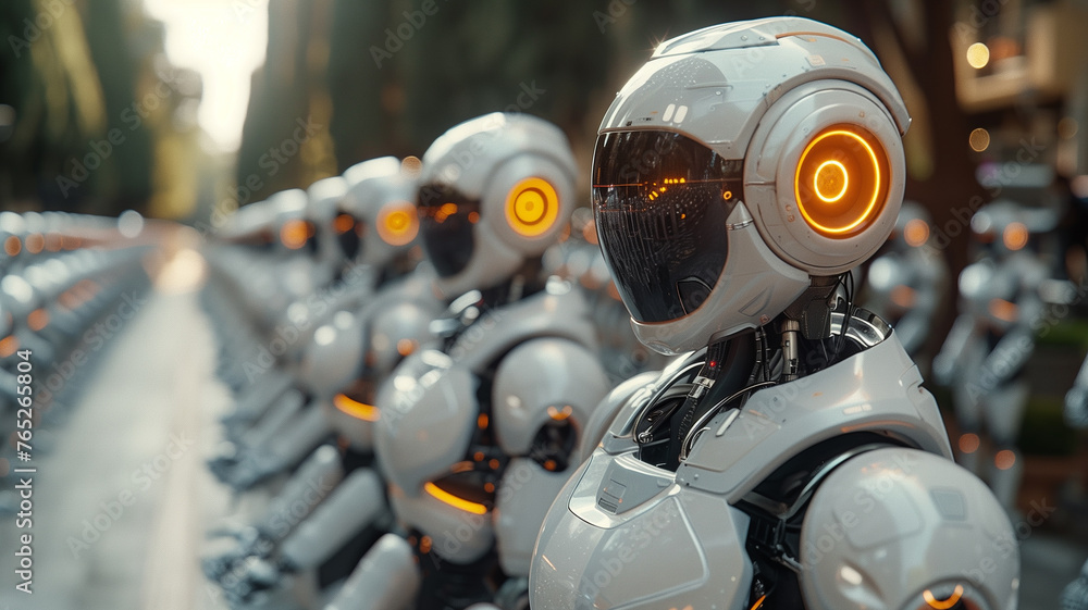 Poster mechanical army: illustration showcases a multitude of robots in precise order.