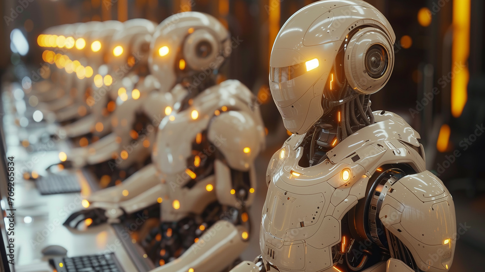 Poster automated efficiency: robotic workforce managing computers, futuristic industry.
