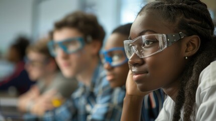 A group of students is pictured in a classroom eagerly learning about the latest breakthroughs in clean energy production. With access . AI generation. - obrazy, fototapety, plakaty