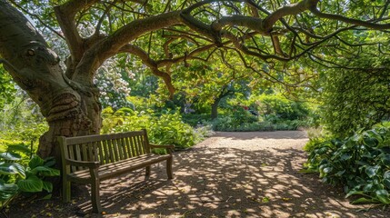 Bench under the tree in the Royal Botanic Gardens in London