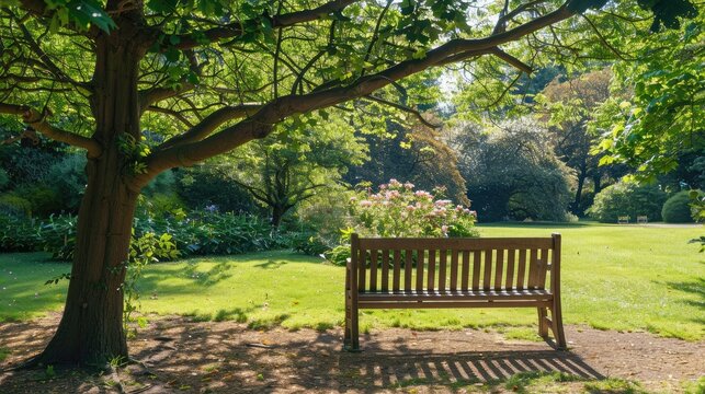 Bench under the tree in the Royal Botanic Gardens in London