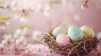 Fototapeta na wymiar Happy Easter holiday celebration banner greeting card with pastel painted eggs in bird nest on pink backround tabel texture