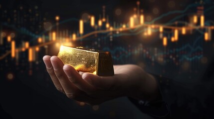 Male hand holding gold ingot and fluctuating gold price chart with rising and falling prices on...