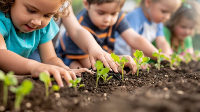In the school garden a group of preschoolers carefully plant seeds in a row. As they dig in the soil and water their plants their . AI generation.
