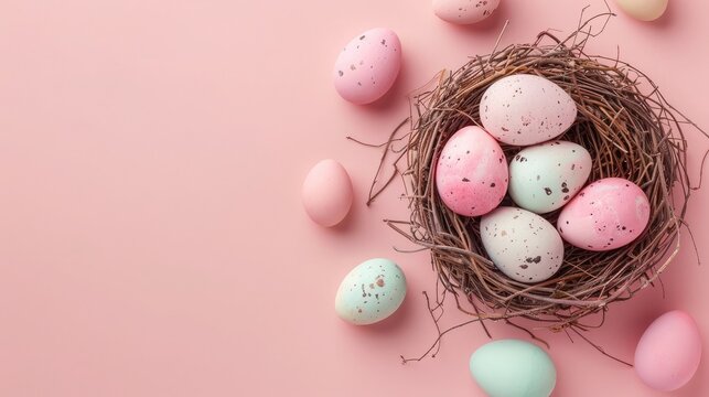 Happy Easter holiday celebration banner greeting card with pastel painted eggs in bird nest on pink backround tabel texture
