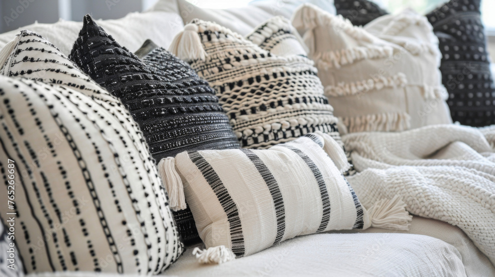 Poster black and white throw pillows and blankets add texture and depth to the room making it feel more inv