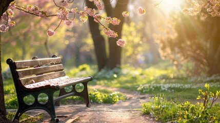 romantic bench in peaceful park in spring - Powered by Adobe