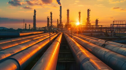 steel long pipes in crude oil factory during sunset
