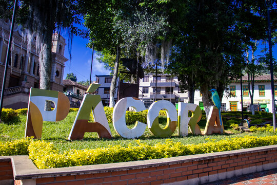PACORA, COLOMBIA - JANUARY 15, 2024: Central square of the beautiful small town of Pacora in the department of Caldas in Colombia