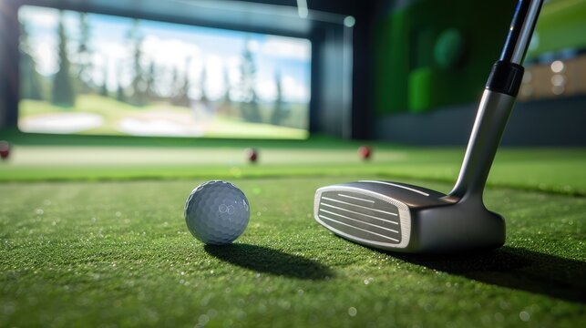 Sreen golf. Putter and golf ball on the background of the screen.