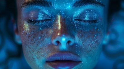A closeup of a persons face with their eyes closed their third eye prominently highlighted in a vibrant shade of blue. Rays of light radiate outwards symbolizing the expansion