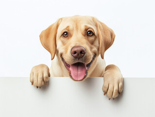 Happy labrador retriever or Canis lupus familiaris peeking out and hanging its paw on blank poster...