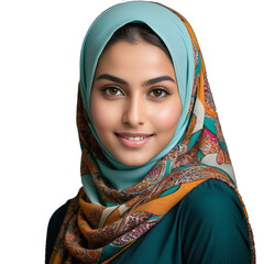 portrait of a young beautiful woman in a colorful scarf hijab, transparent background