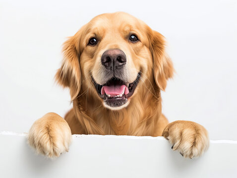 Happy golden retriever or Canis lupus familiaris peeking out and hanging its paw on blank poster board against white background. Blank copyspace for text.