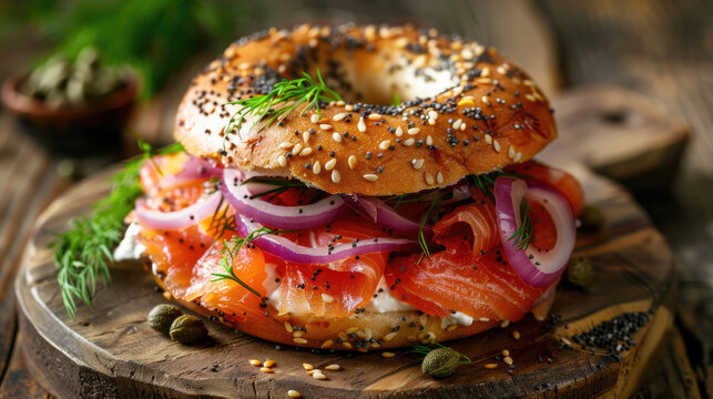 Smoked salmon bagel sandwich with cream cheese, red onion, capers, and fresh dill,
