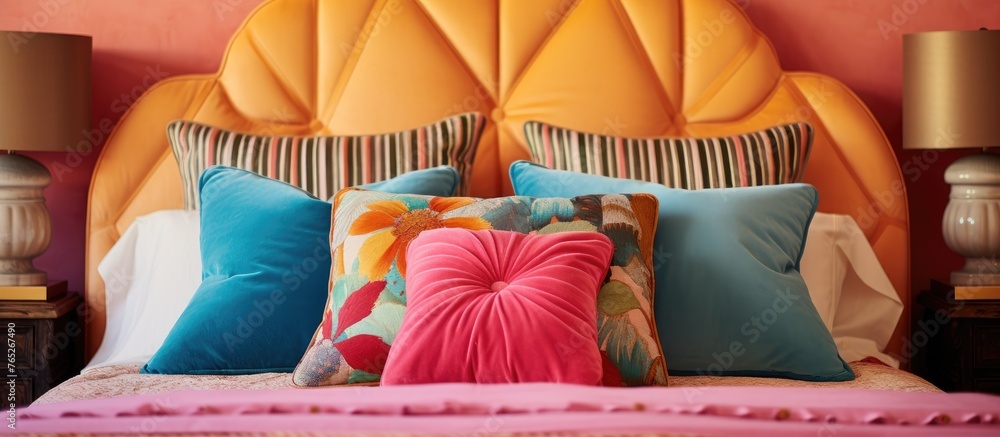 Poster a bed adorned with a yellow headboard and colorful pillows, perfect for relaxing and adding a touch 