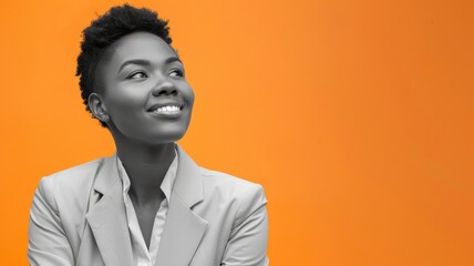 Fototapeta premium Confident businesswoman against orange backdrop exudes positivity and professionalism, for themes of leadership, empowerment, and female success in marketing, corporate profiles.