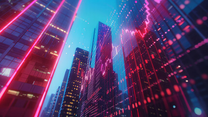 Futuristic cityscape intertwined with stock market graphics, depicting urban vitality and economic trends. Ideal for finance, tech, or urban development content.