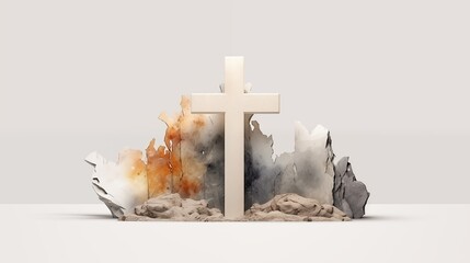 Christian cross on the ground with stone and rock background. 3D rendering