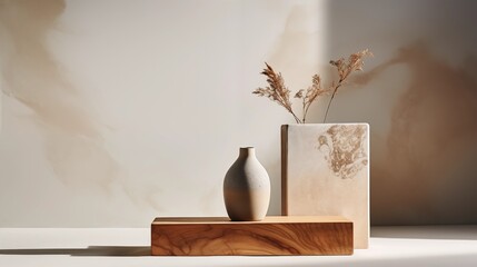 Brown vase with dry grass on wooden shelf. 3d render of  minimal geometric forms.