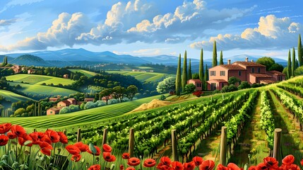 Fototapeta na wymiar Landscape with traditional stone house with stunning vineyard. Watercolor or aquarelle painting illustration. Landscape with traditional stone house with stunning vineyard. Watercolor or aquarelle pai