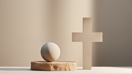 Stone cross and sphere on white background. 3D rendering.
