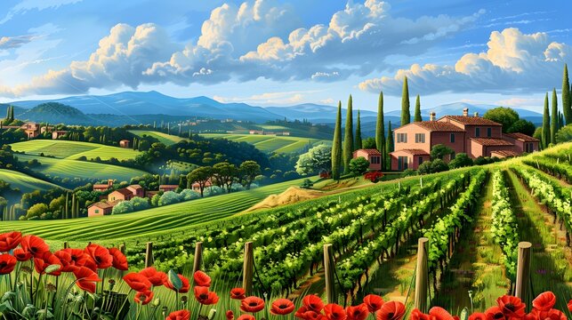 Landscape with traditional stone house with stunning vineyard. Watercolor or aquarelle painting illustration.
Landscape with traditional stone house with stunning vineyard. Watercolor or aquarelle pai