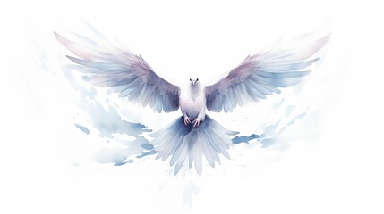 White dove with blue wings on a white background, digital watercolor painting.