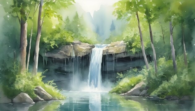 Watercolor Depiction Of A Serene Forest Waterfall Upscaled 3