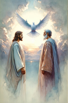 The Holy Trinity: the Father, the Son, and the Holy Spirit. Digital watercolor painting. Close up.