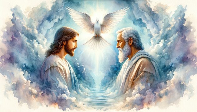 The Holy Trinity: the Father, the Son, and the Holy Spirit. Digital watercolor painting. Close up. - Powered by Adobe
