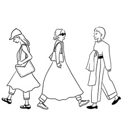 歩く女性の全身手書きイラスト