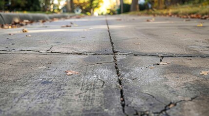 A closeup of a sidewalk reveals deep grooves where chunks of hail have pelted the concrete leaving behind deep craters.