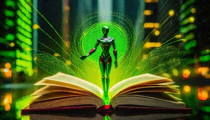Illustration of an Artificial Intelligence emerging from a book. Technology and inovation. AI learning.
