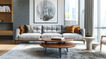 Round accent coffee table against gray tufted sofa. Minimalist loft home interior design of modern living room.