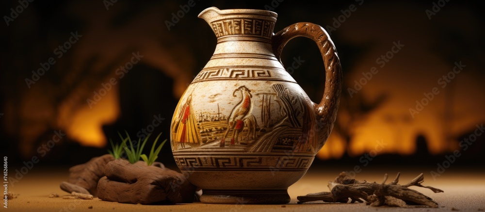 Poster A ceramic pitcher rests on a table next to a rock, creating a charming display of pottery and nature in this rustic setting