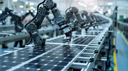 Rows of automated robotic arms carefully assembling and connecting various components of a solar panel with expert precision. . AI generation.
